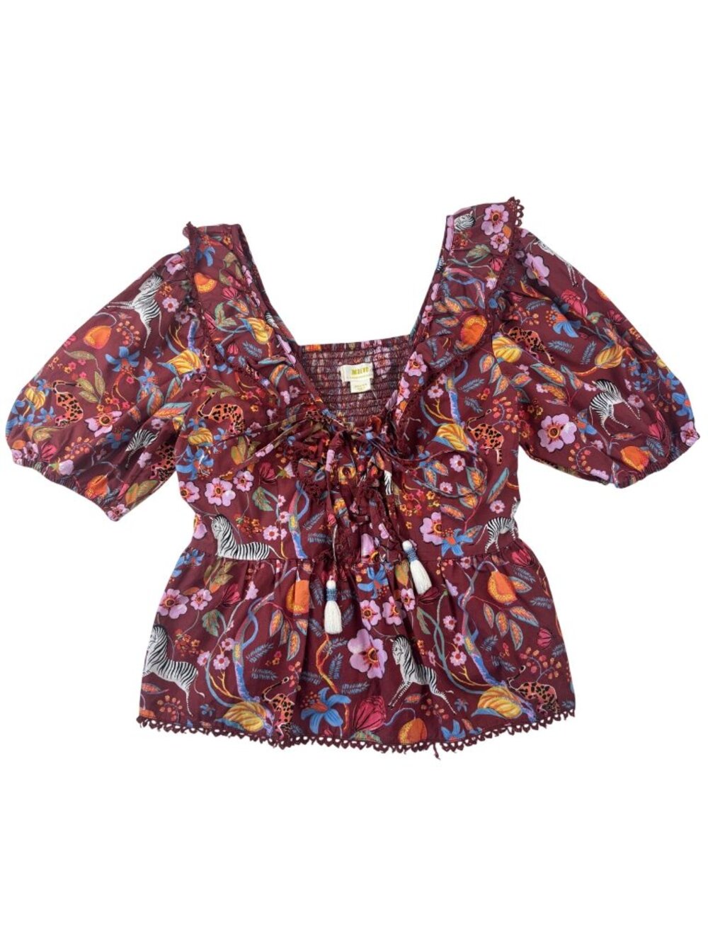 Maeve Anthropologie M Burgundy Puff Sleeve Boho Top With Animal Floral Print